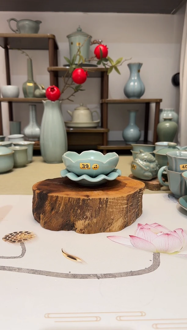 摆件39莲花茶滤两件套 仿古釉一级精品 茶滤摆件艺术品*