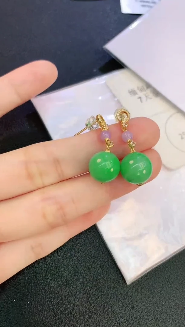 翡翠18K金镶嵌耳饰赠礼盒证书 麦麦