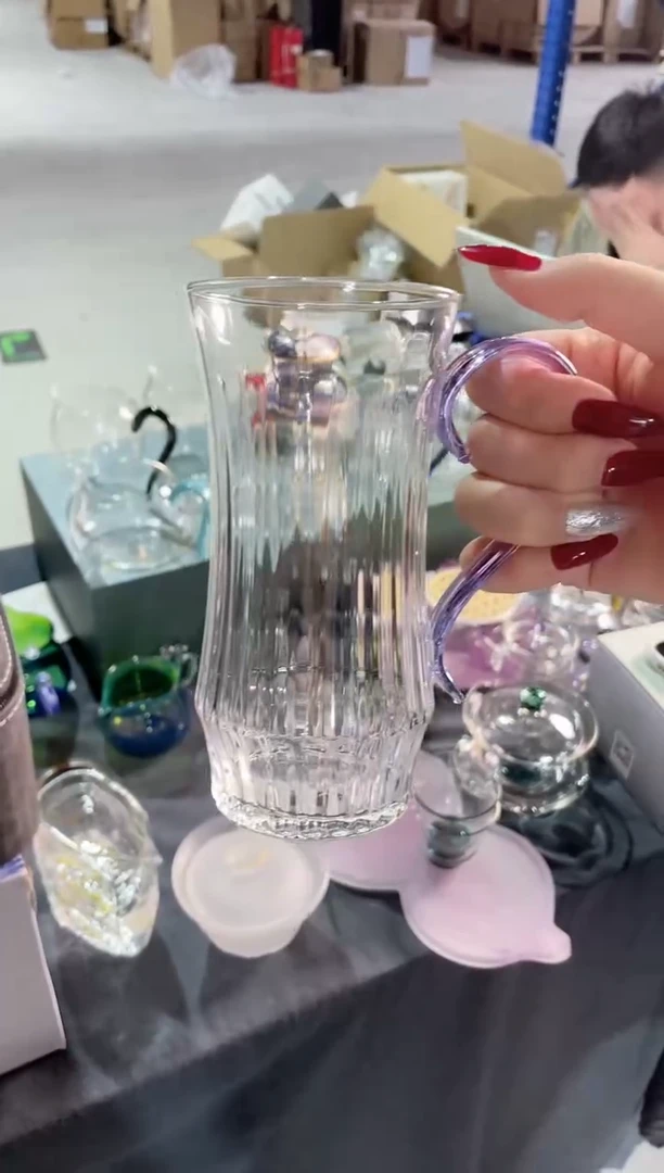九河清婉绿茶杯条纹紫色把手