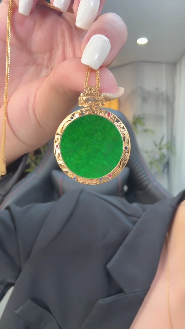 翡翠18K金镶嵌吊坠(不含链)天然缅甸A货翡翠18K吊坠