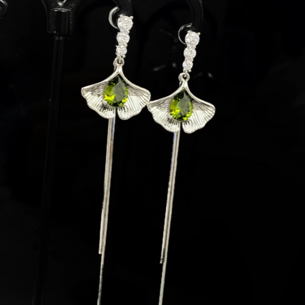 铜合金合成锆石耳饰 轻奢银杏叶流苏耳环24