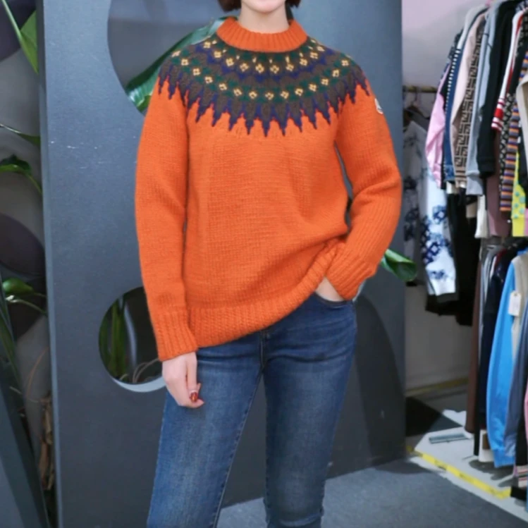 全新未使用 MONCLER 积分-188汤/P205336827砖红色费尔岛logo毛衣