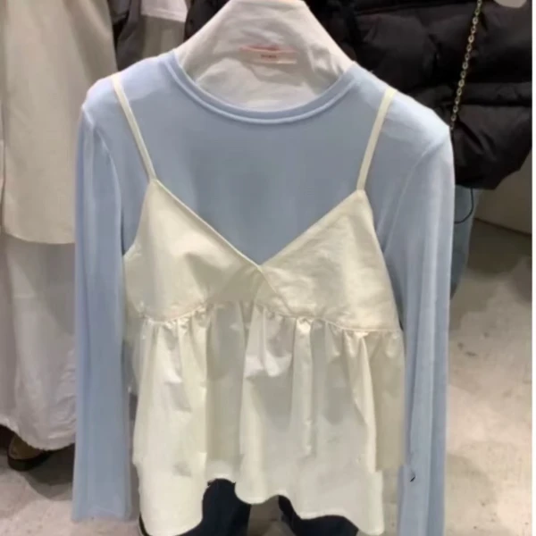 2025春季新款大码女装甜美百搭设计感吊带打底T恤撞色两件套