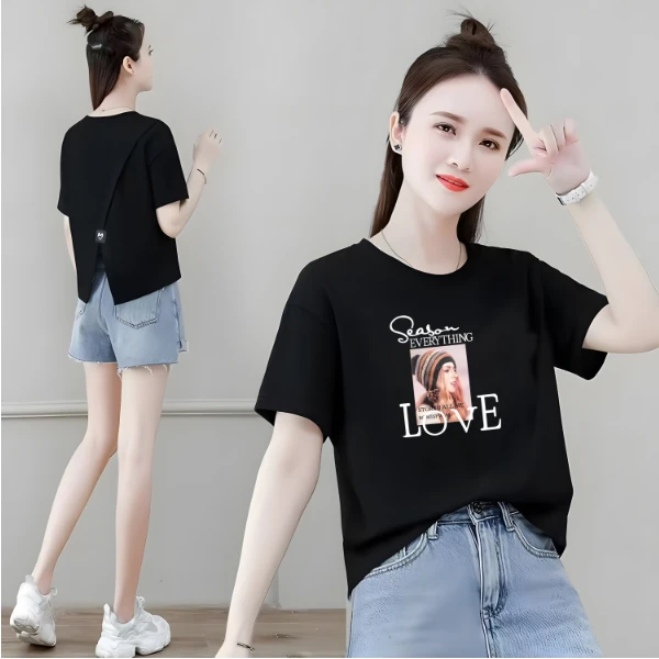 夏季新款时尚圆领后背开叉短袖T恤女百搭设计感洋气显瘦上衣