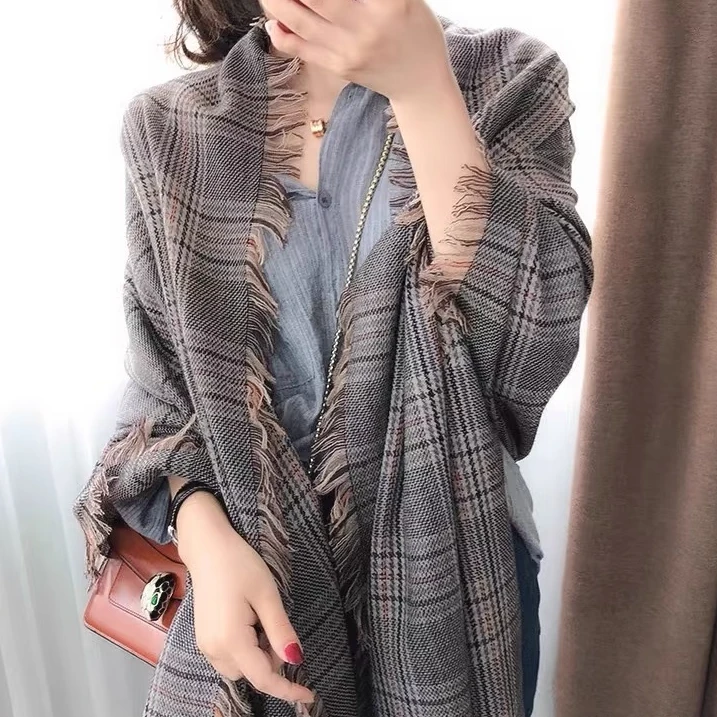 千鸟格羊毛披肩/围巾 内蒙古羊毛四季款   长款拼色格子