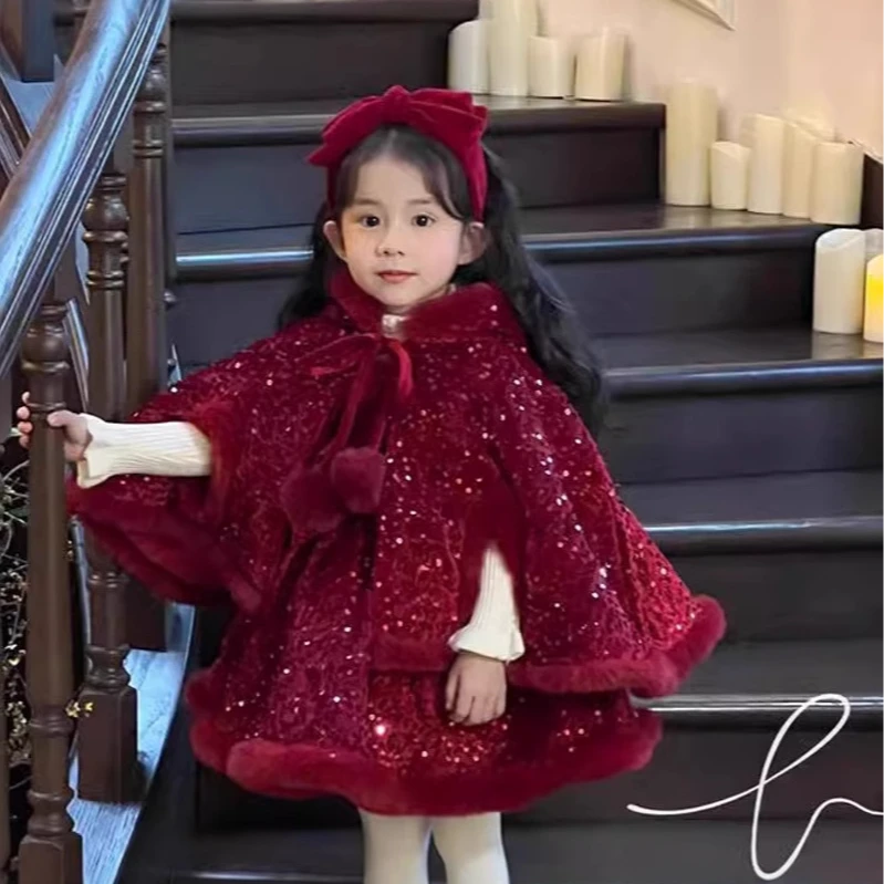 闪亮公主裙女童红色亮片加绒背心礼服裙斗篷帽两件套女宝新年套装