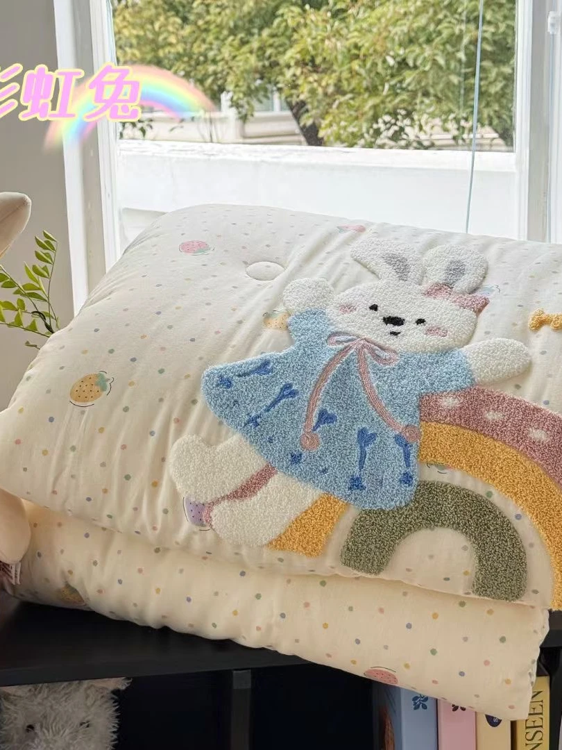 P纯棉贴布绣双层纱被A类100%全棉被可机洗秋冬家纺被新款柔软亲肤