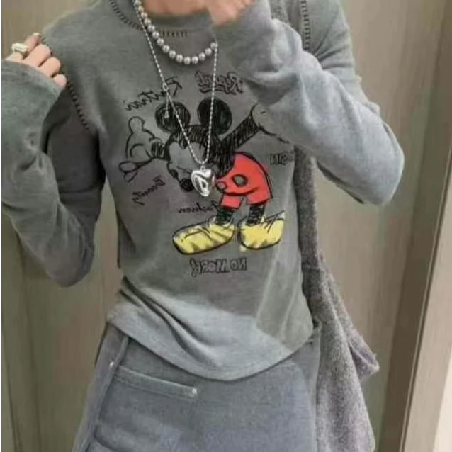 1627笑嘻嘻新款长袖T恤长袖休闲百搭灰色印花圆领卡通T