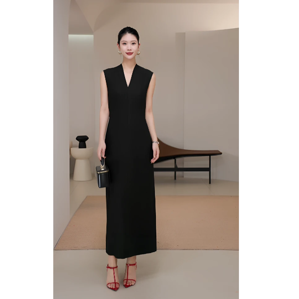 LYNEE  醋酸V领长裙纯色时尚休闲连衣裙 LGD2FSW323