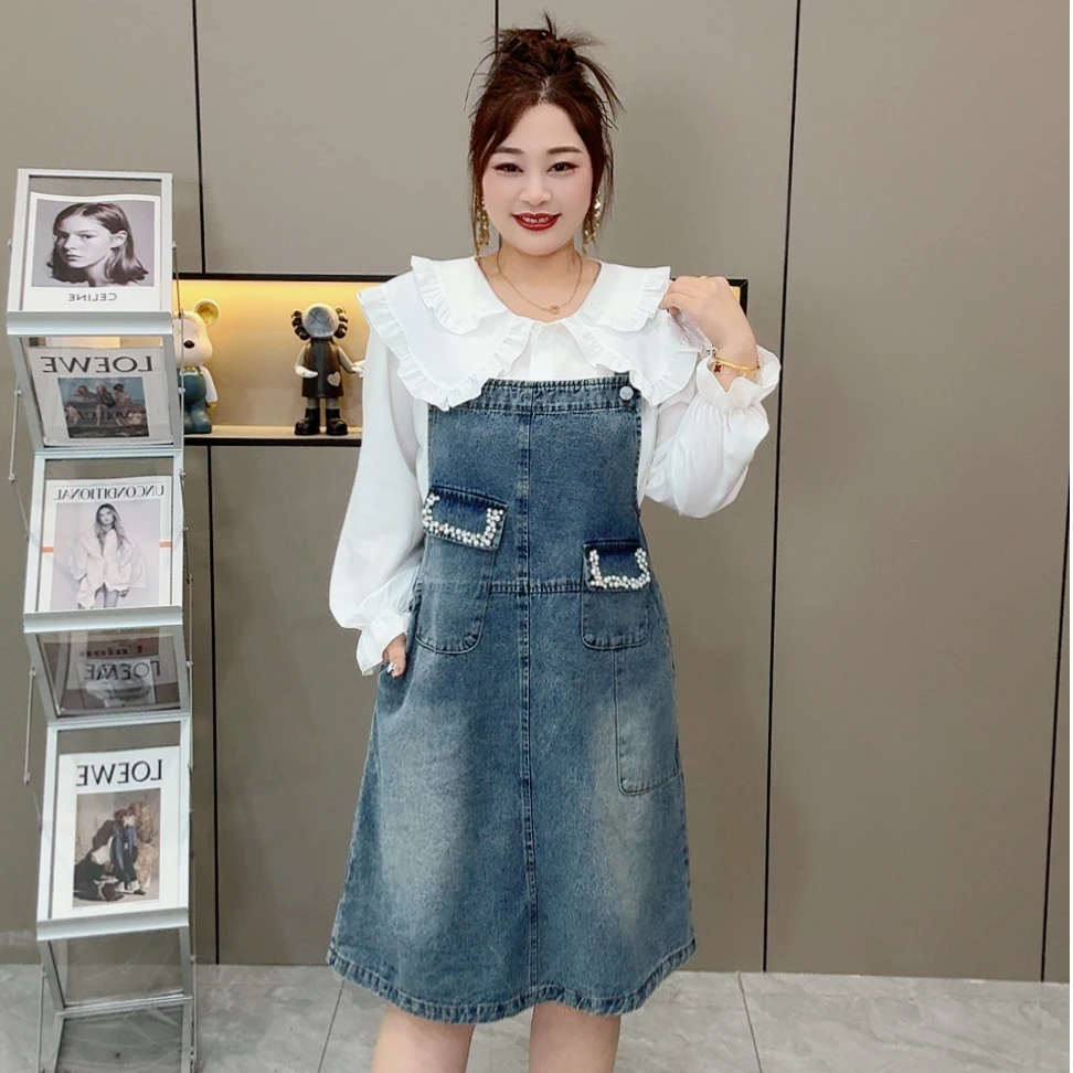 【两件套】高品减龄珍珠双兜牛仔大码女背带裙衬衫➕背带裙 可分开拍