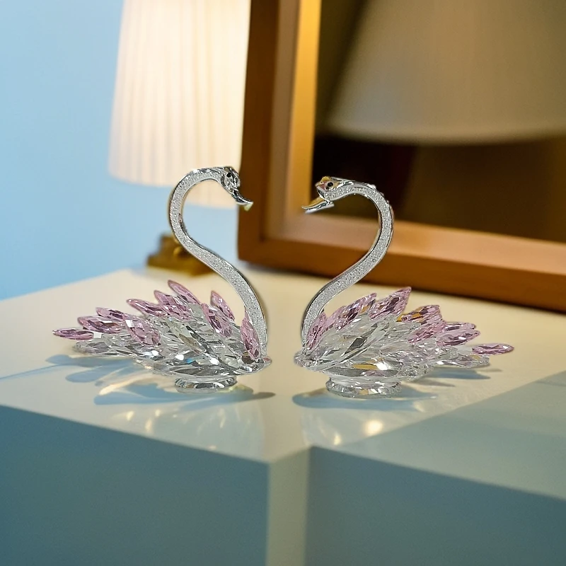 水晶天鹅一对粉天鹅等高电视柜酒柜家居装饰品摆件轻奢花器摆件