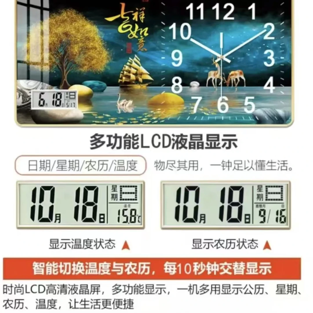 客厅钟表2025新款带日历温度挂墙简约家用静音餐厅挂墙挂画装饰画