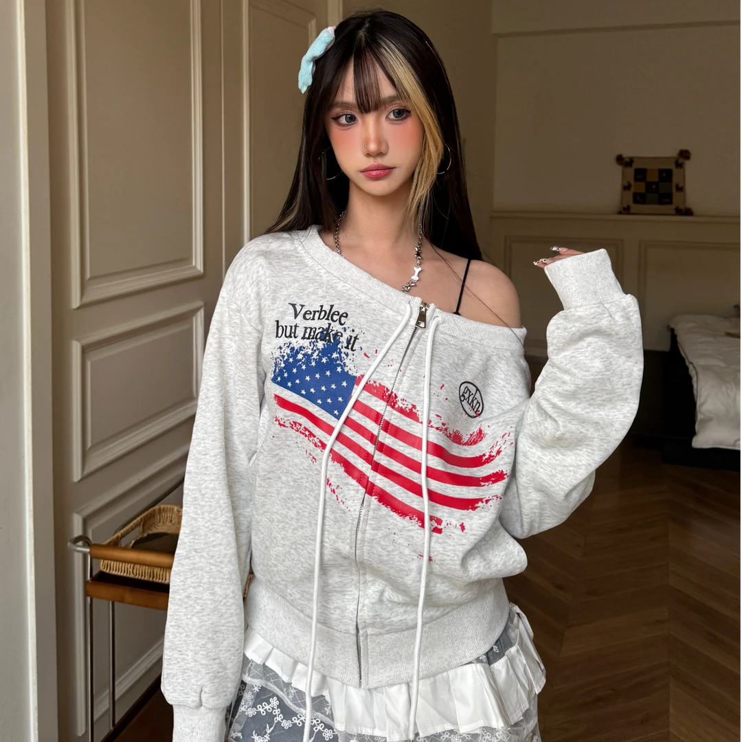 美式复古字母做旧印花拉链开衫一字肩斜肩卫衣女露肩短款休闲外套