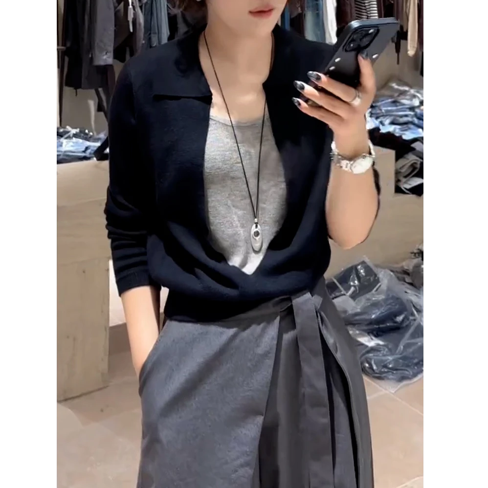 法式假两件翻领针织衫女2025早秋小众设计感休闲百搭打底衫上衣