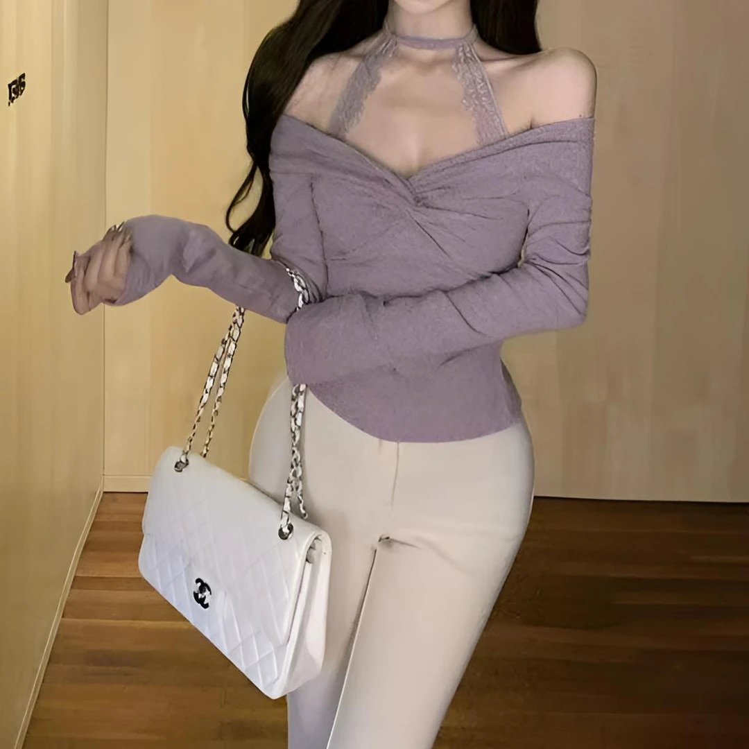 辣妹修身设计感蕾丝挂脖长袖t恤女春秋纯欲露肩短款百搭上衣