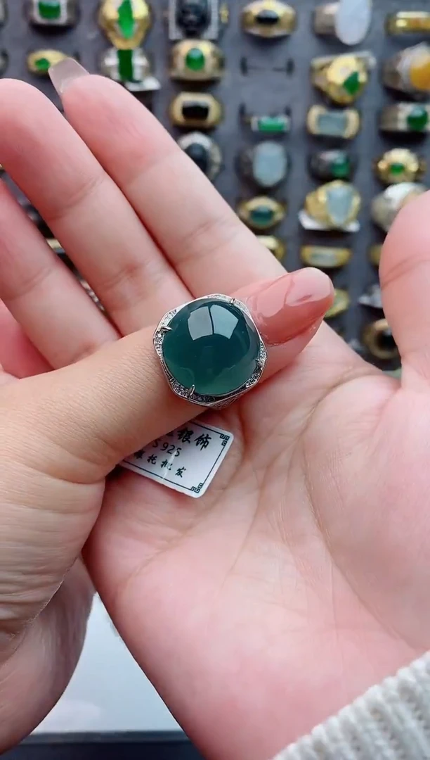 银S925镶嵌戒指翡翠星****～天然翡翠男戒
