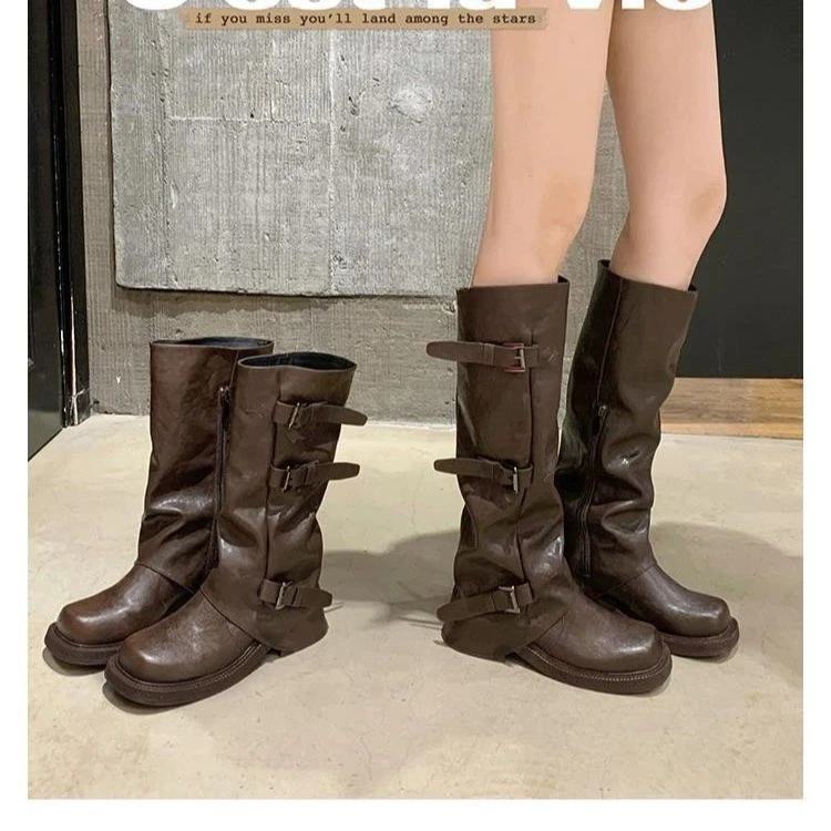 皮带扣褶皱厚底中筒靴女2025秋冬季新款爆款裤管西部靴ins潮靴子