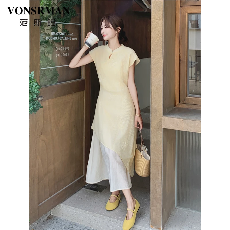 黄色新中式国风连衣裙女夏季2025新款复古温柔大方气质改良旗袍裙