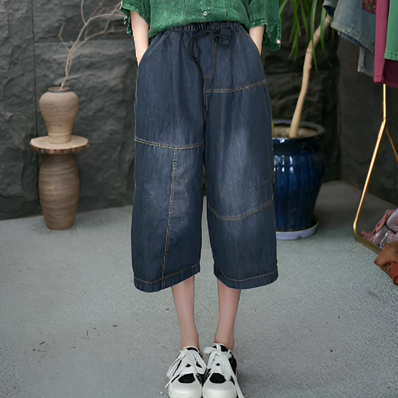 JJ高腰夏季无弹力做旧七分裤牛仔裤阔腿裤宽松中裤休闲裤直筒