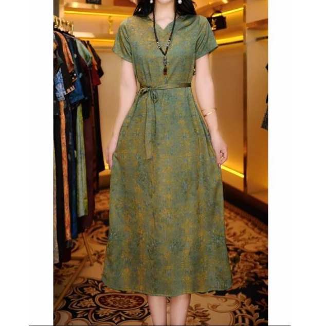 【香云纱高定款】绿几何气质修身时尚休闲夏季高端大码妈妈装连衣裙