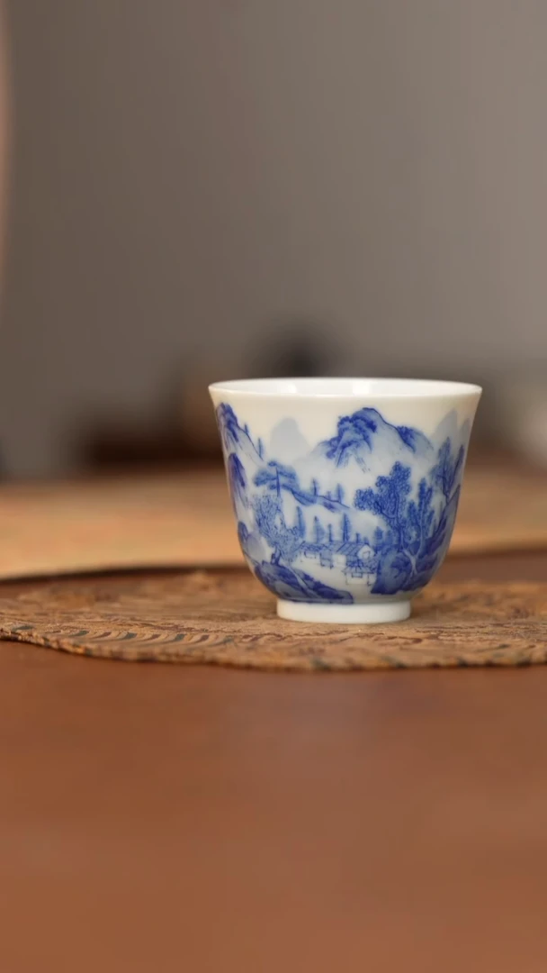 杯看山柴窑青花山水