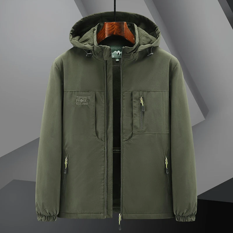 秋冬男加绒夹克摇粒绒防风保暖宽松冲锋衣户外运动休闲防水可拆帽