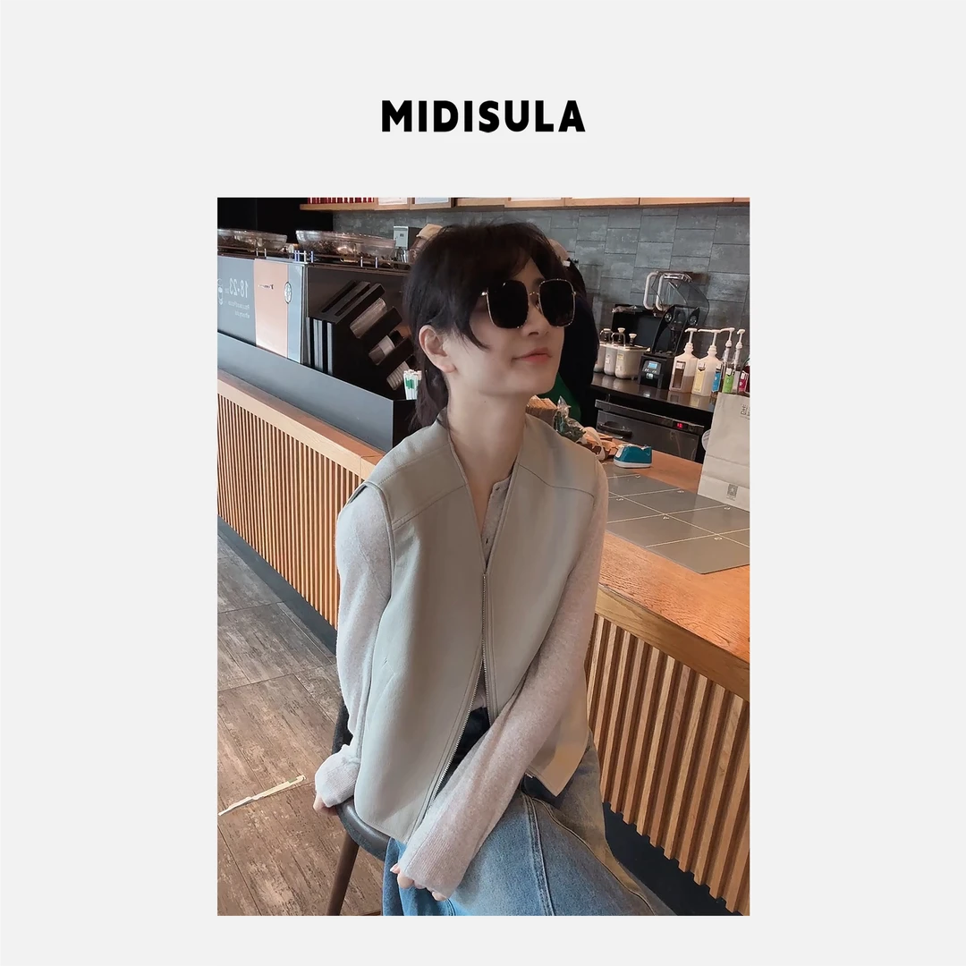 【H.MDSL】纯色百搭简约外套上衣拼接复古美式无袖拉链马甲#0231