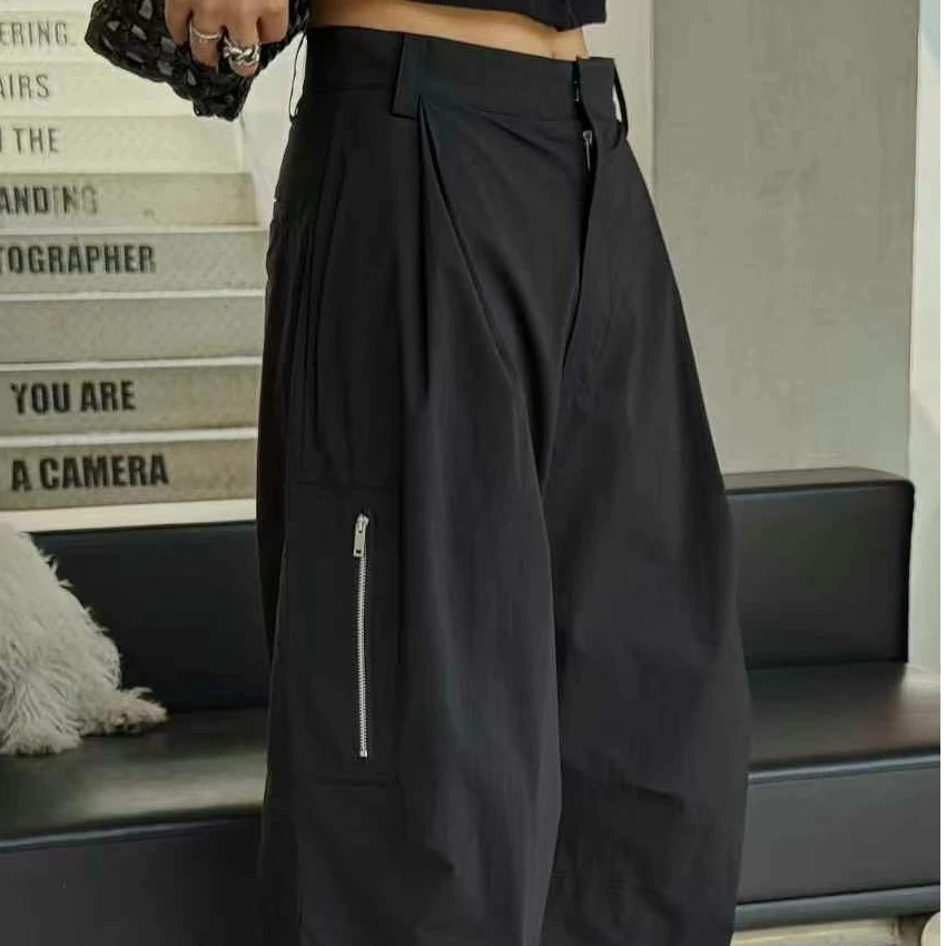 时髦简约中性风高腰休闲拉链工装裤女