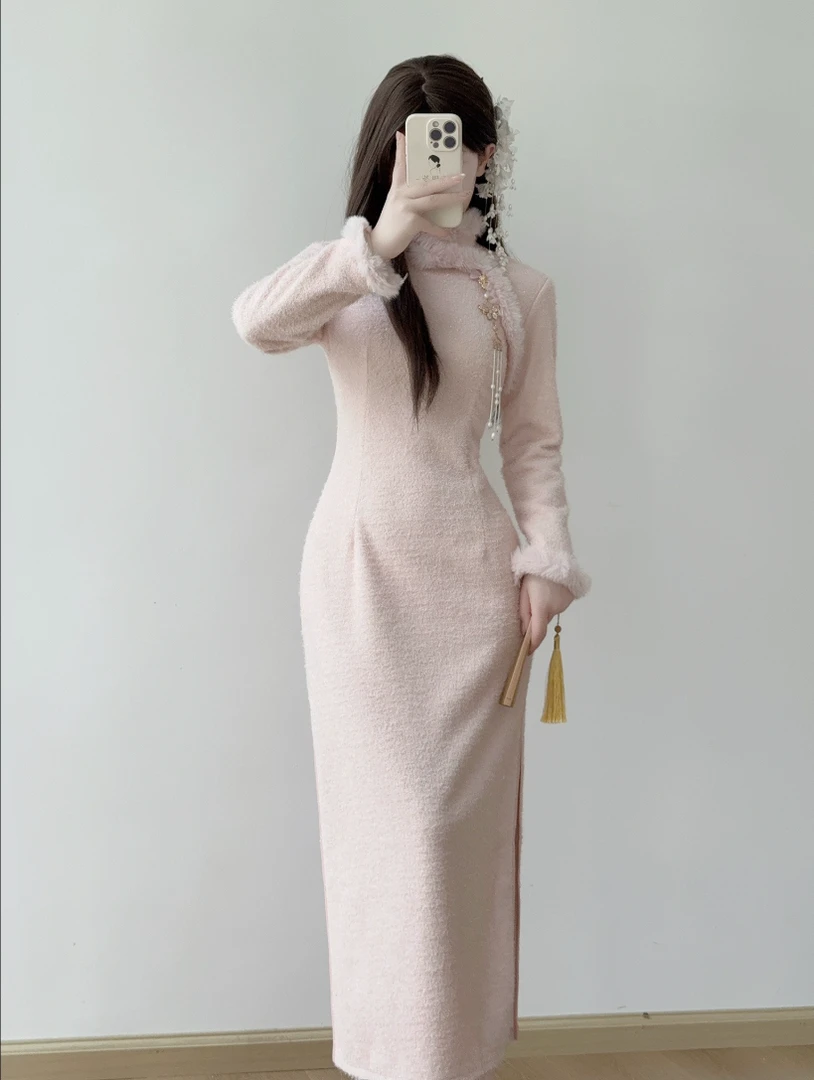 【一帘幽梦】新中式旗袍新款秋冬粉色少女国风年轻款连衣裙修身日常