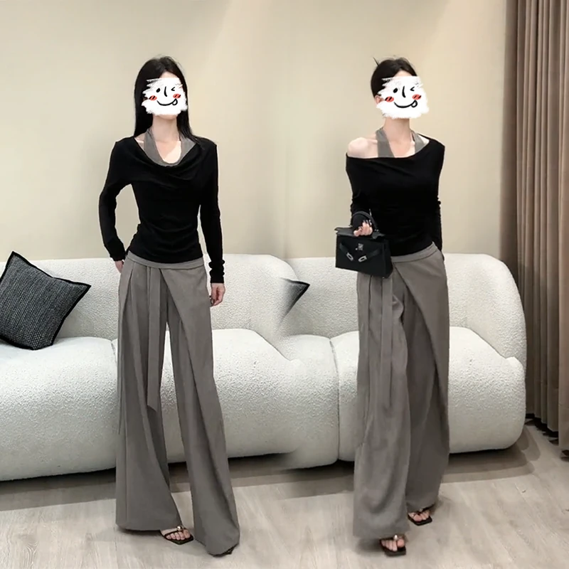 时尚炸街设计感挂脖堆堆领收腰显瘦长袖上衣女气质高腰直筒裤套装