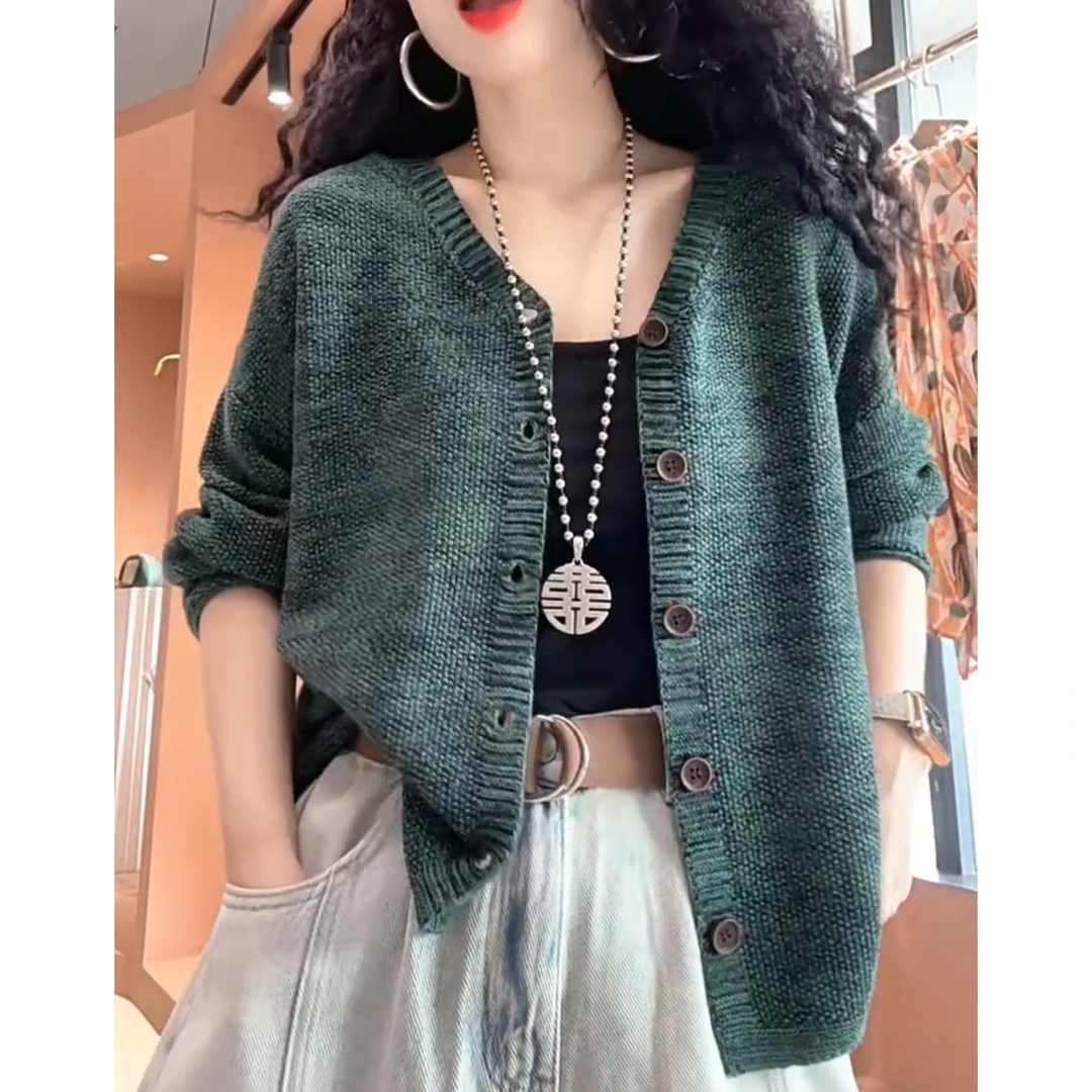 秋季韩版纯色简约日常针织开衫休闲女装舒适气质高级慵懒长袖上衣