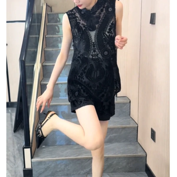 时尚套装修身女装无袖蕾丝提花重工短裤套装中式FJ62806