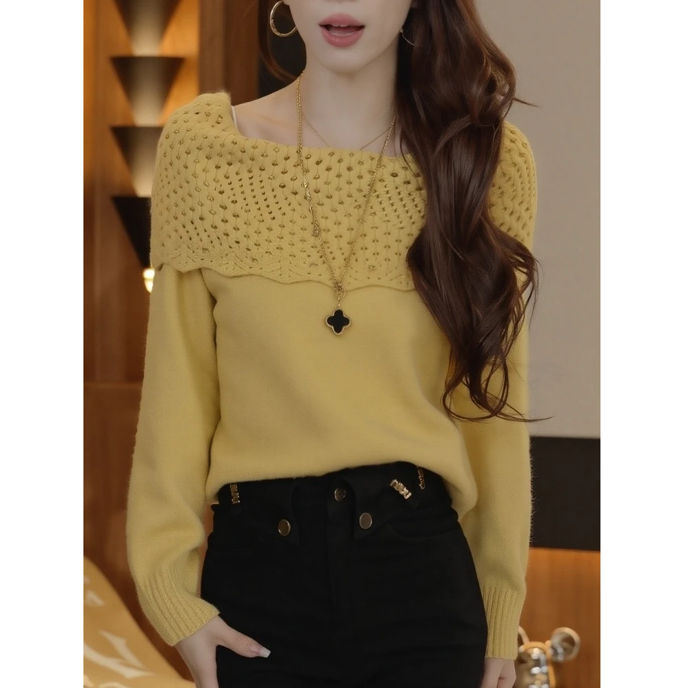 2025秋冬新款温柔一字肩镂空钩花针织衫女软糯纯色小众长袖上衣潮