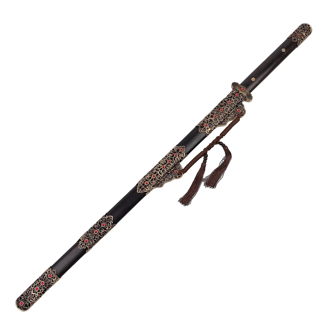 【11】绛珠唐横刀黑檀木鞘黄铜装饰百炼花纹钢刀身不开刃工艺品