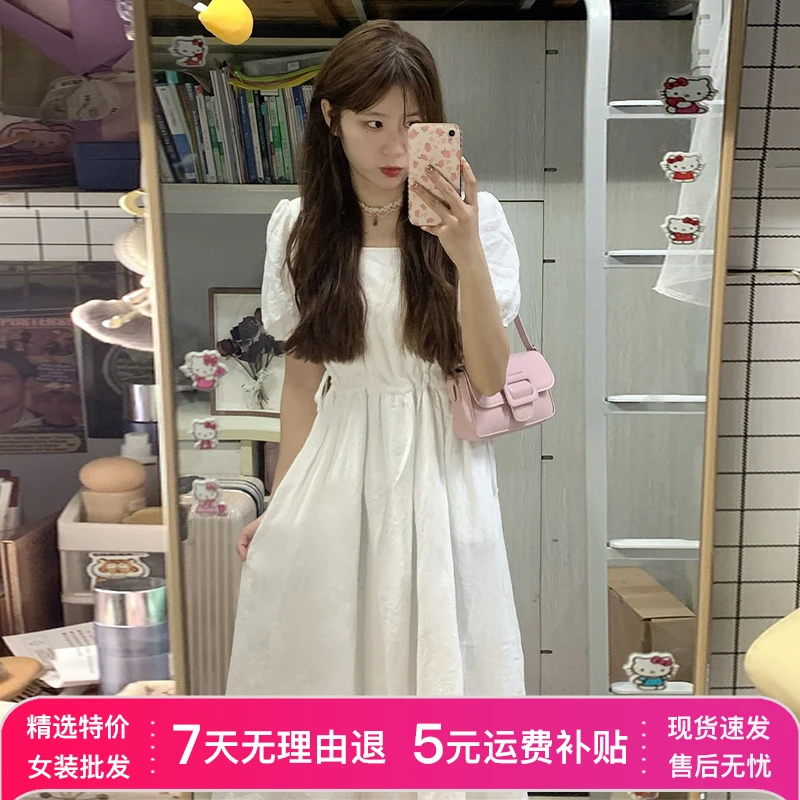 9692白色泡泡袖方领连衣裙子2025夏新款女装法式仙女长裙小个子