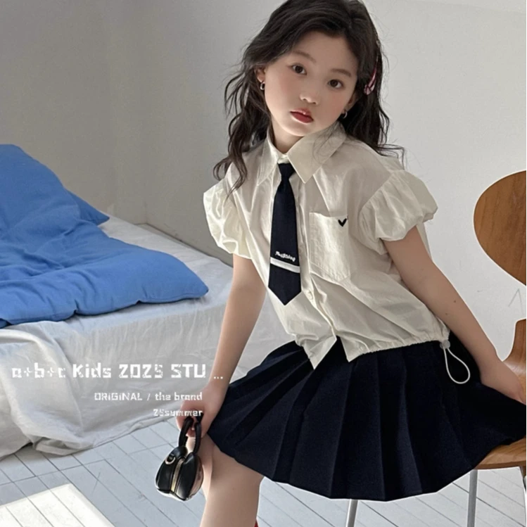 女童夏装套装2025新款儿童学院风裙子两件套初中生jk裙女孩百褶裙