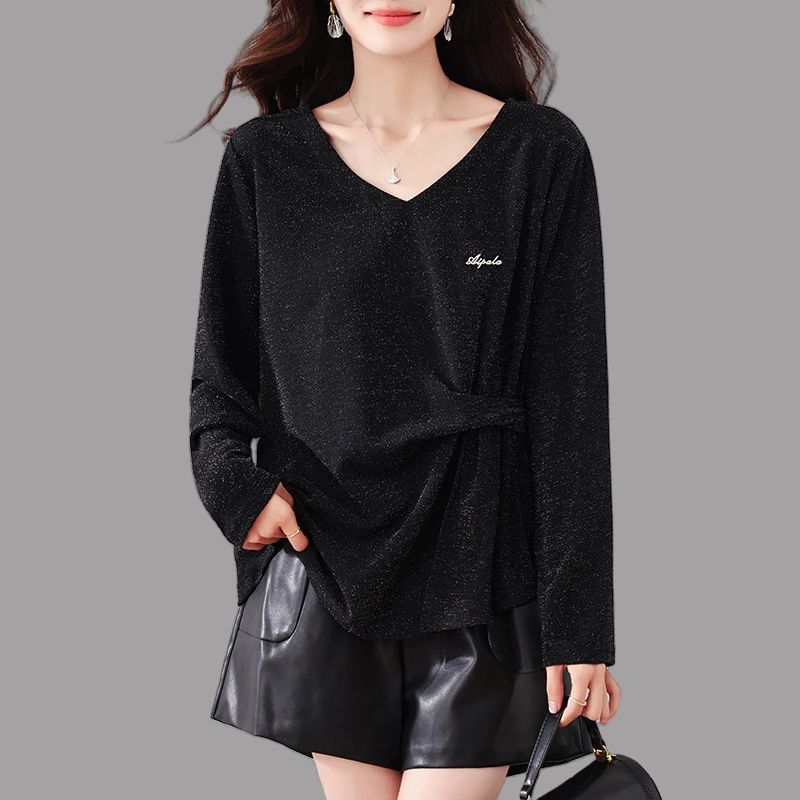 黑色V领百搭T恤女士2025秋季新款设计感宽松显瘦外穿打底长袖上衣