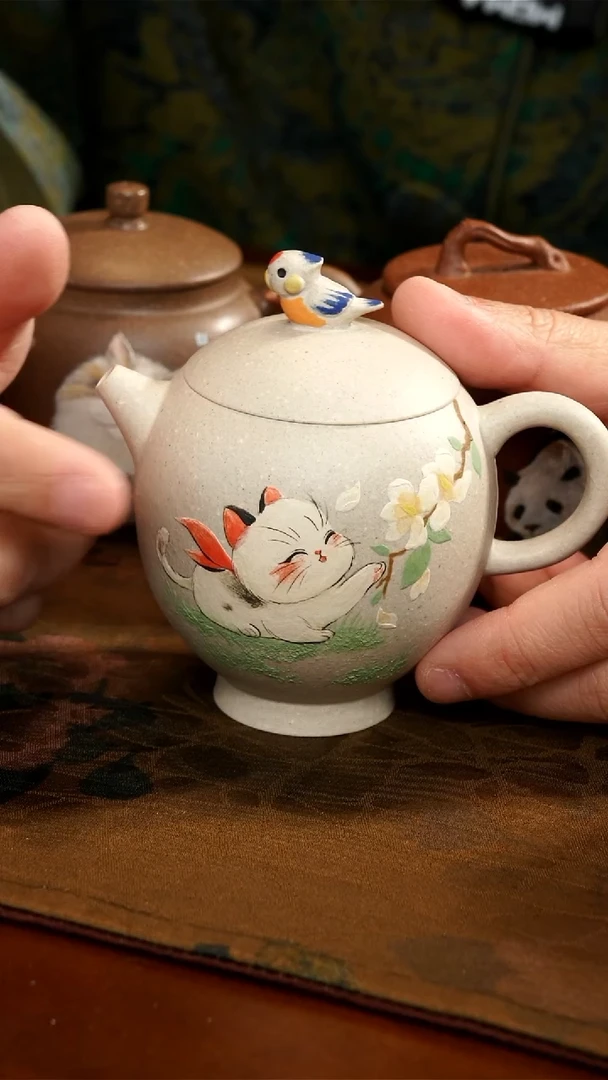 茶壶紫砂白泥鹦鹉滴子猫猫壶