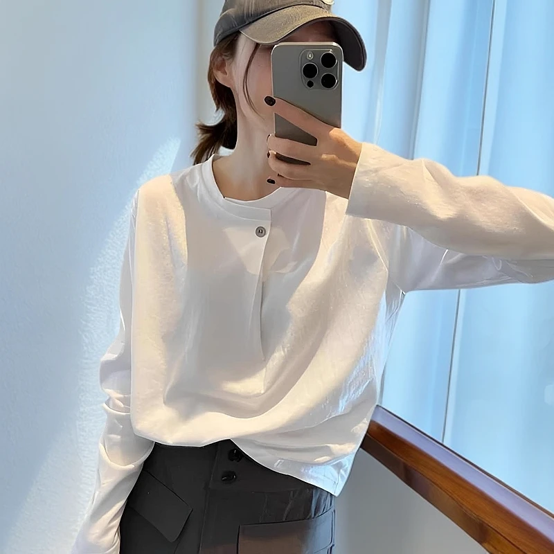 大码韩版一粒扣长袖上衣女春季2025新款宽松显瘦时尚打底衫女