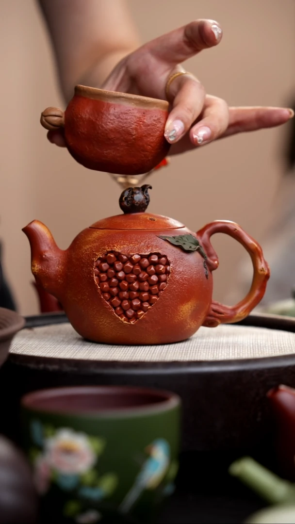 茶壶紫砂段泥石榴壶花器+石榴小杯003