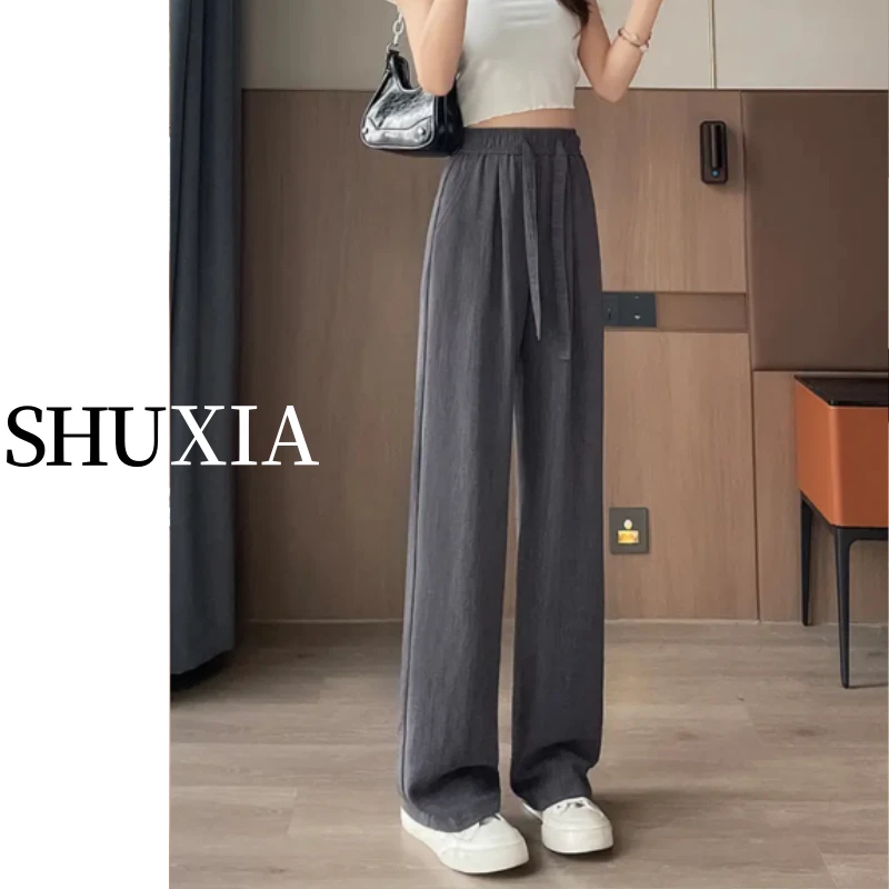 SHUXIA2025夏季新款大码冰丝窄版阔腿裤女高腰坠感肌理感休闲302