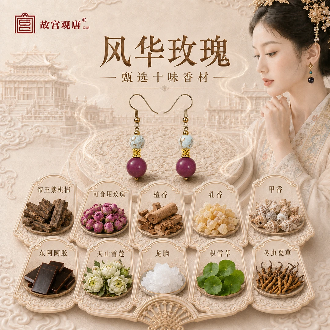 官方正品·故宫观唐[芳华玫瑰]合香珠耳饰古法工艺手作