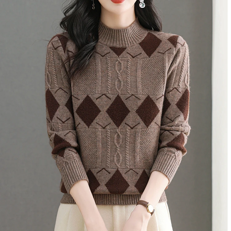 冬款加厚撞色提花半高领长袖套头宽松百搭时尚妈妈衫26669