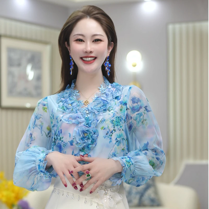 米娅 2025春季新款时尚洋气显瘦碎花长袖衬衫气质百搭衬衣 DY5605