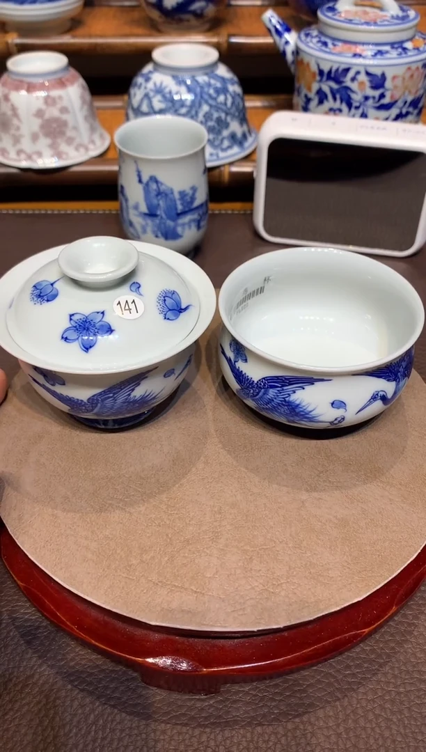 潮***馆141青花花鸟盖碗加杯fl119和fl122