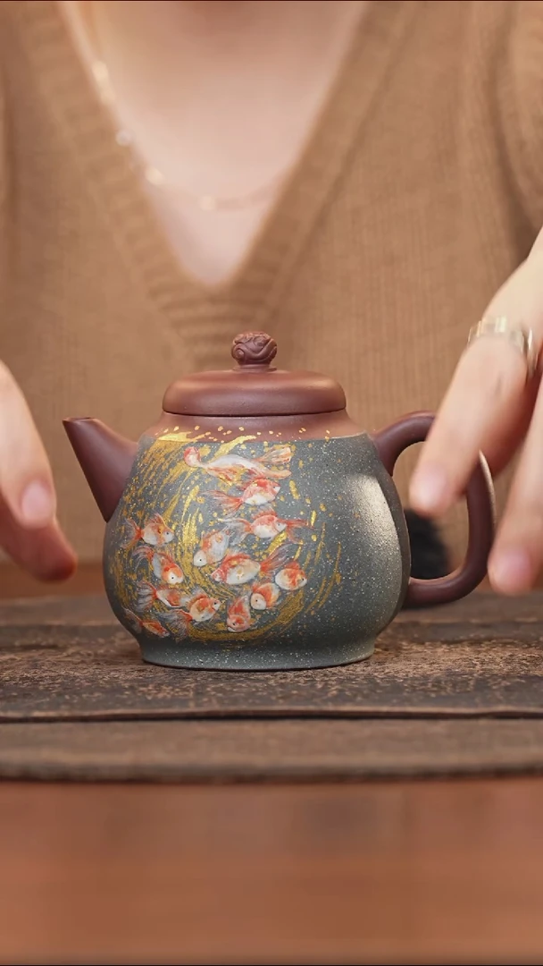 紫砂茶叶罐淡墨泥泥绘金鱼高士壶