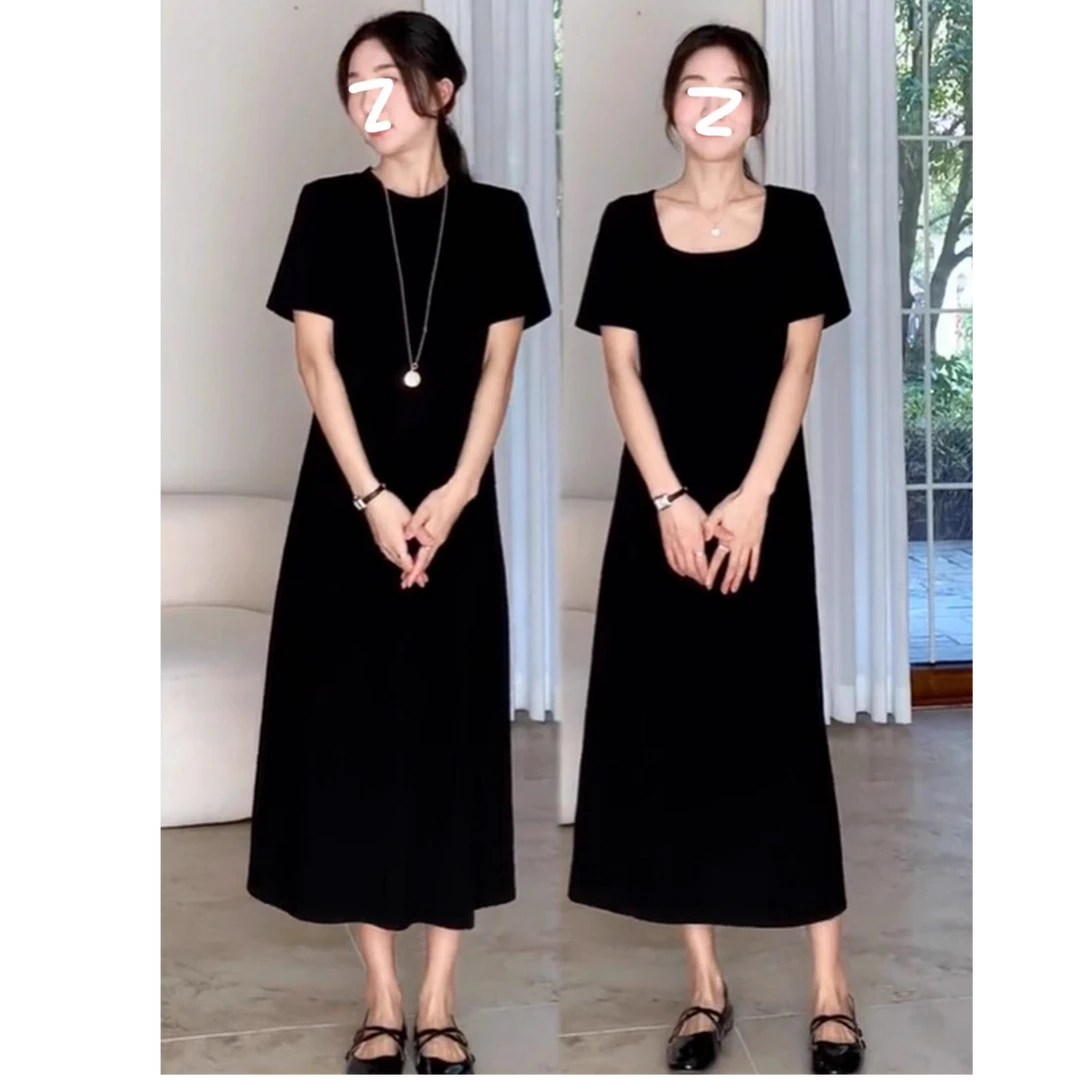 设计感圆领正肩直筒连衣裙女夏季简约显瘦百搭长短款方领T恤裙