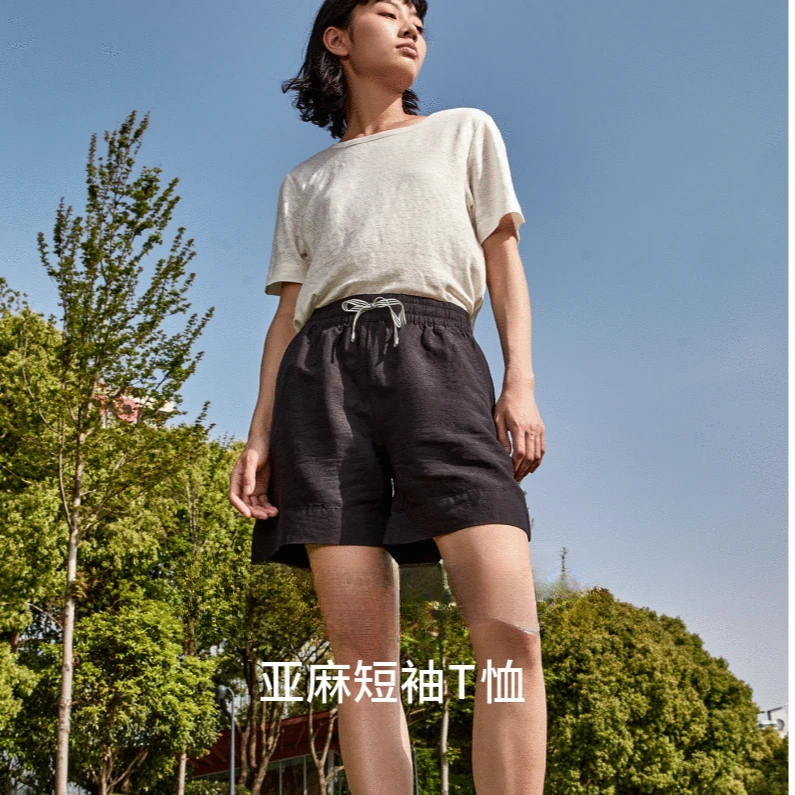 【甘】【好货】女士时尚透气纯亚麻气质优雅休闲圆领短袖T恤4204423