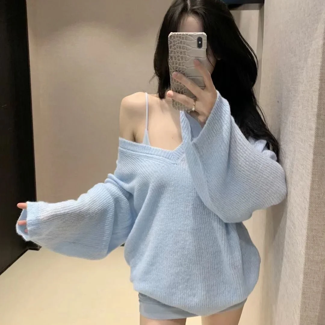 纯欲风韩系穿搭套装长袖针织衫叠穿毛衣罩衫女吊带连衣裙两件套秋