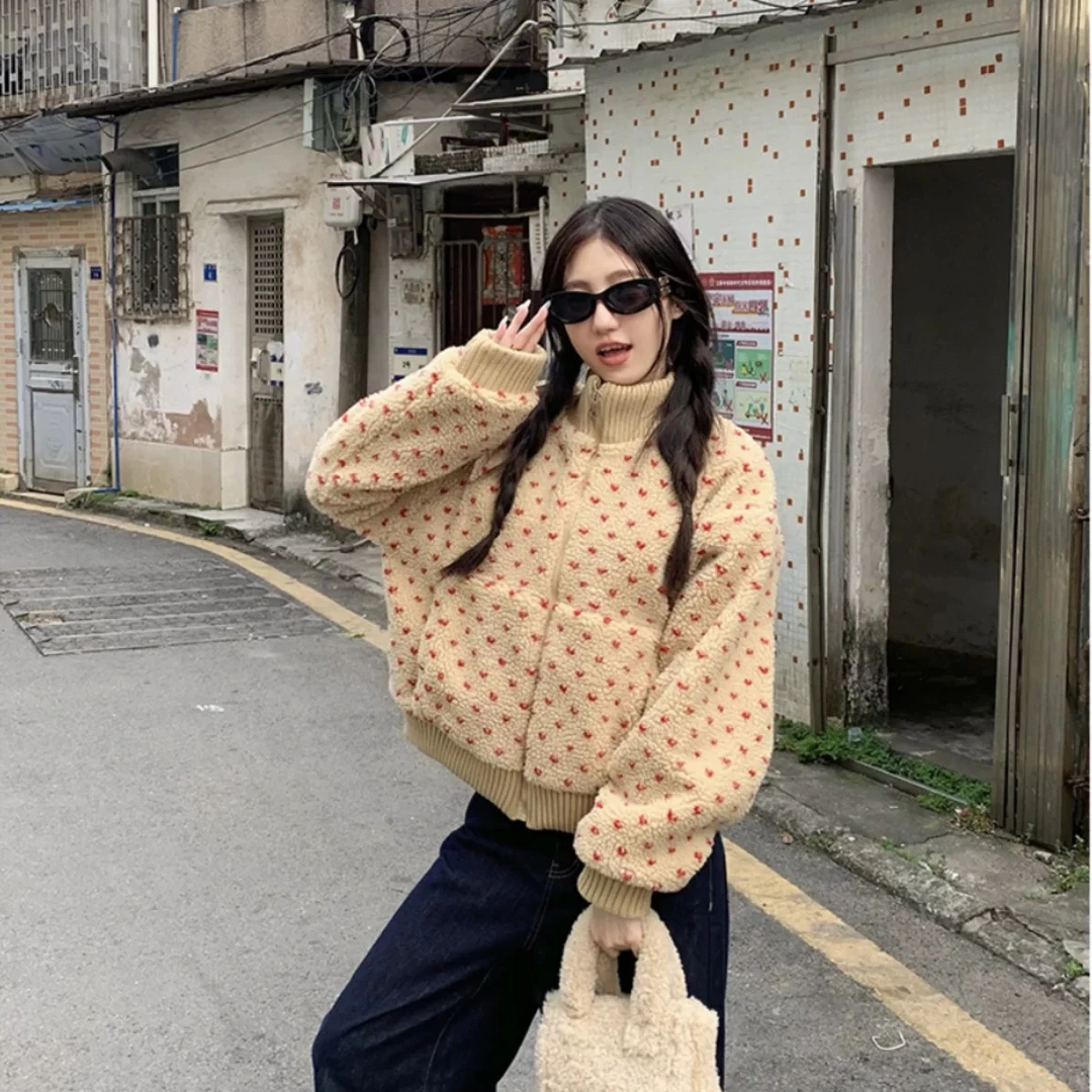 短款波点长袖外套女2024冬季复古加绒加厚保暖宽松立领上衣